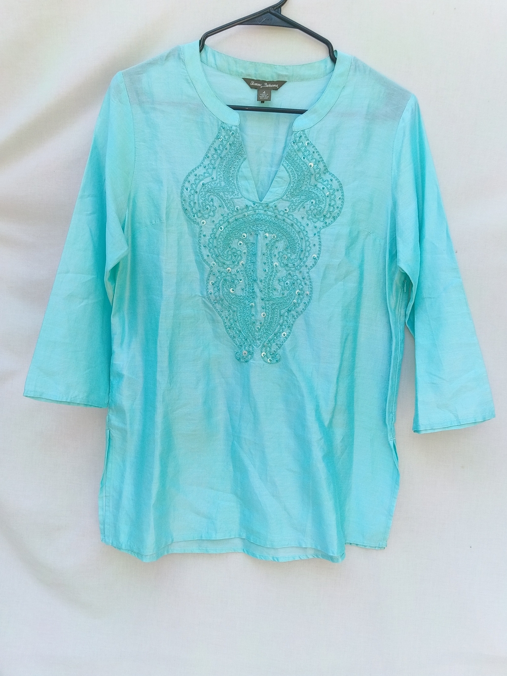 Tommy Bahama Seafoam Embellished Embroidered Cotton Silk Blend Tunic Small 4